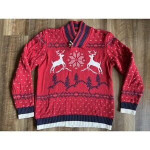 Tommy Hilfiger Sweater Boys XL 20 Red Fair Isle Reindeer Shawl Collar Christmas
